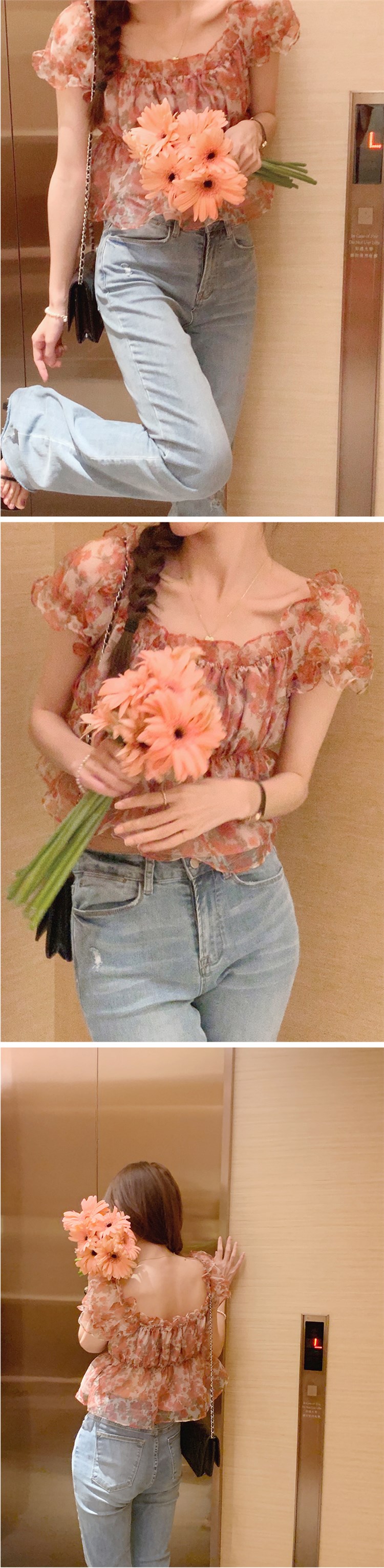 【 Sissy sissi 】 Purchasing agent Straight hair ~ printing puff sleeve Chiffon  shirt 102447