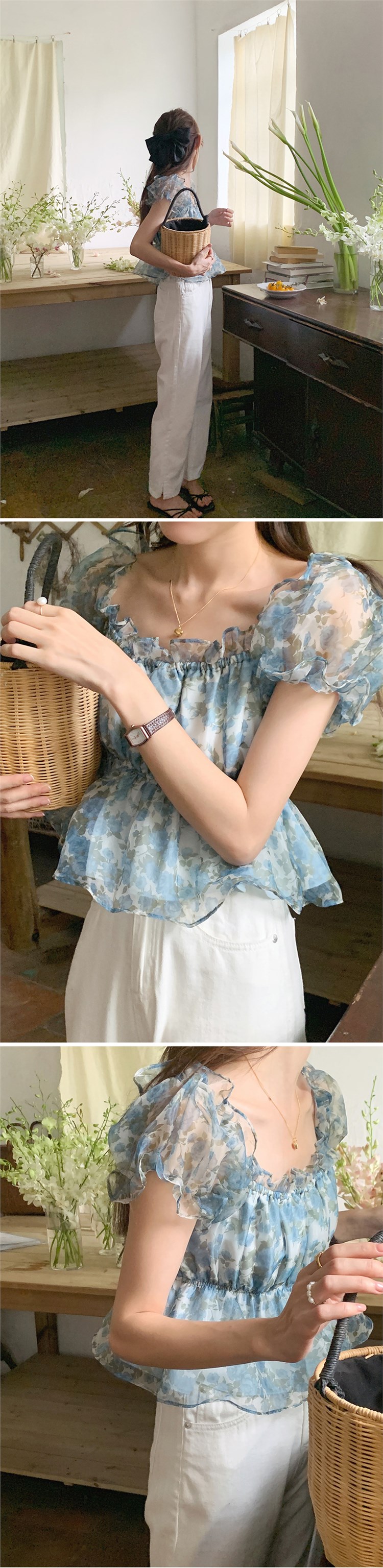 【 Sissy sissi 】 Purchasing agent Straight hair ~ printing puff sleeve Chiffon  shirt 102447