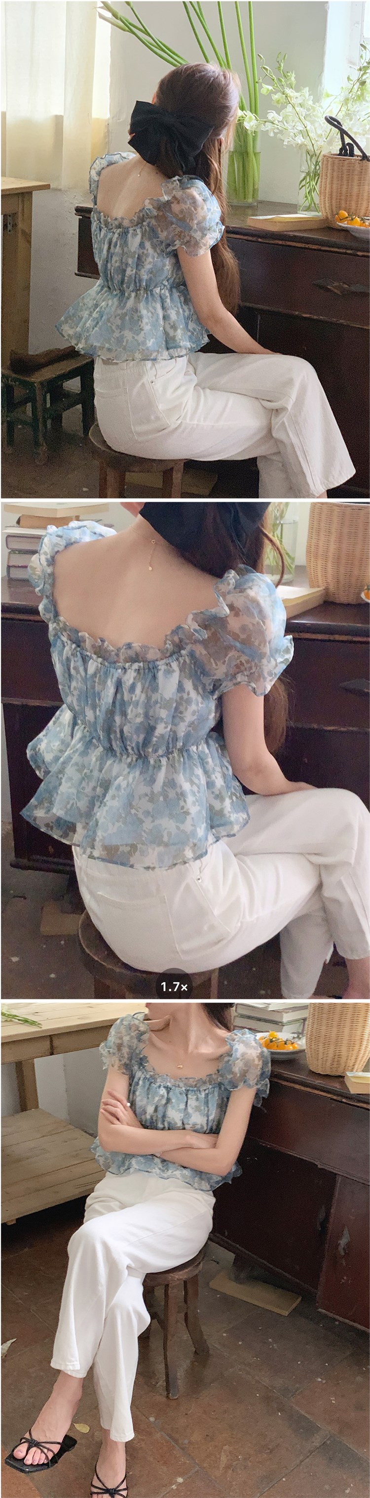 【 Sissy sissi 】 Purchasing agent Straight hair ~ printing puff sleeve Chiffon  shirt 102447