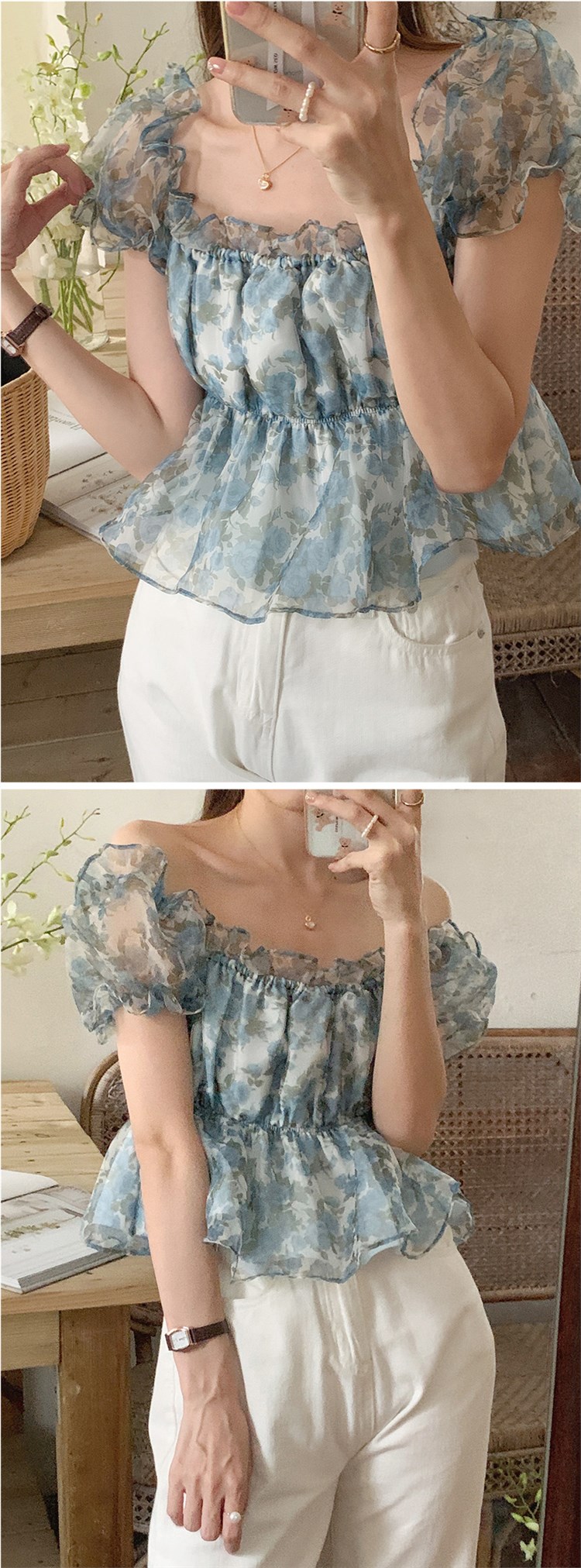 【 Sissy sissi 】 Purchasing agent Straight hair ~ printing puff sleeve Chiffon  shirt 102447