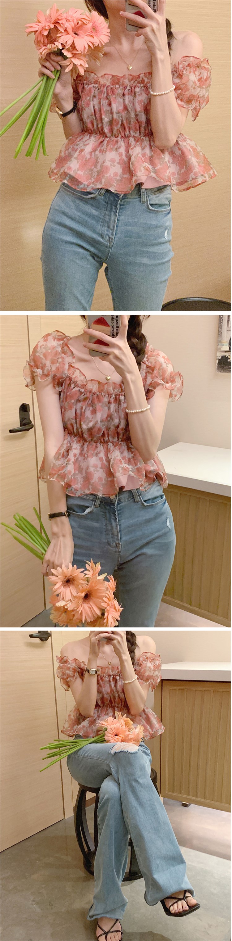 【 Sissy sissi 】 Purchasing agent Straight hair ~ printing puff sleeve Chiffon  shirt 102447